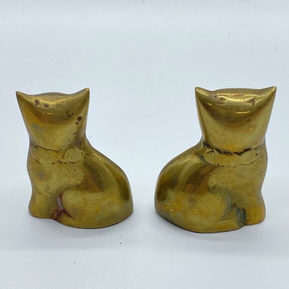 Vtg Solid Brass Pair Cat Figurines Handmade Paper Weight Korea 2.5" **NOTE** - Picture 2 of 9